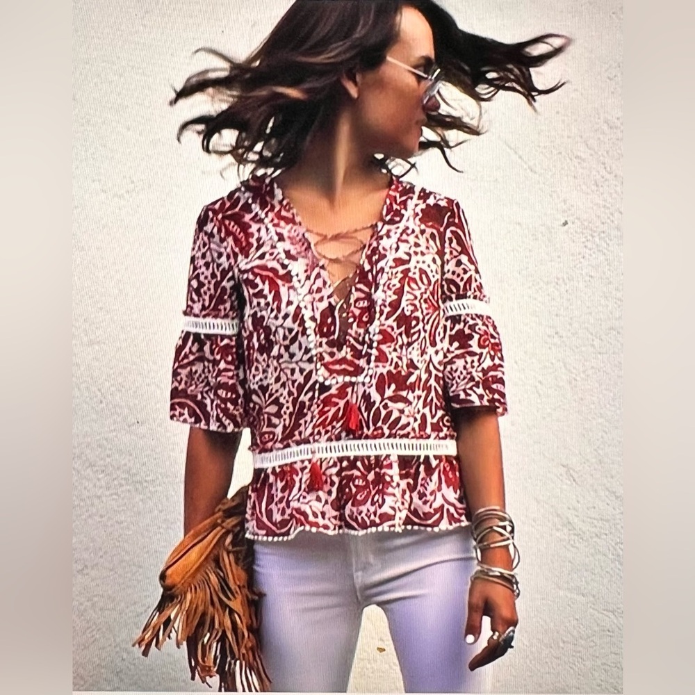 SAYLOR Anthropologie Med Alissa Boho Peasant Floral Tassel Blouse Top Orig $165